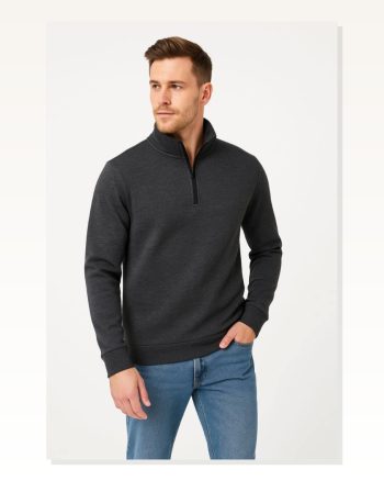 Erkek Şardonlu Sıcak Tutan Antrasit Dik Yaka Yarım Fermuarlı 3 İplik Pamuk Kumaş Sweatshirt