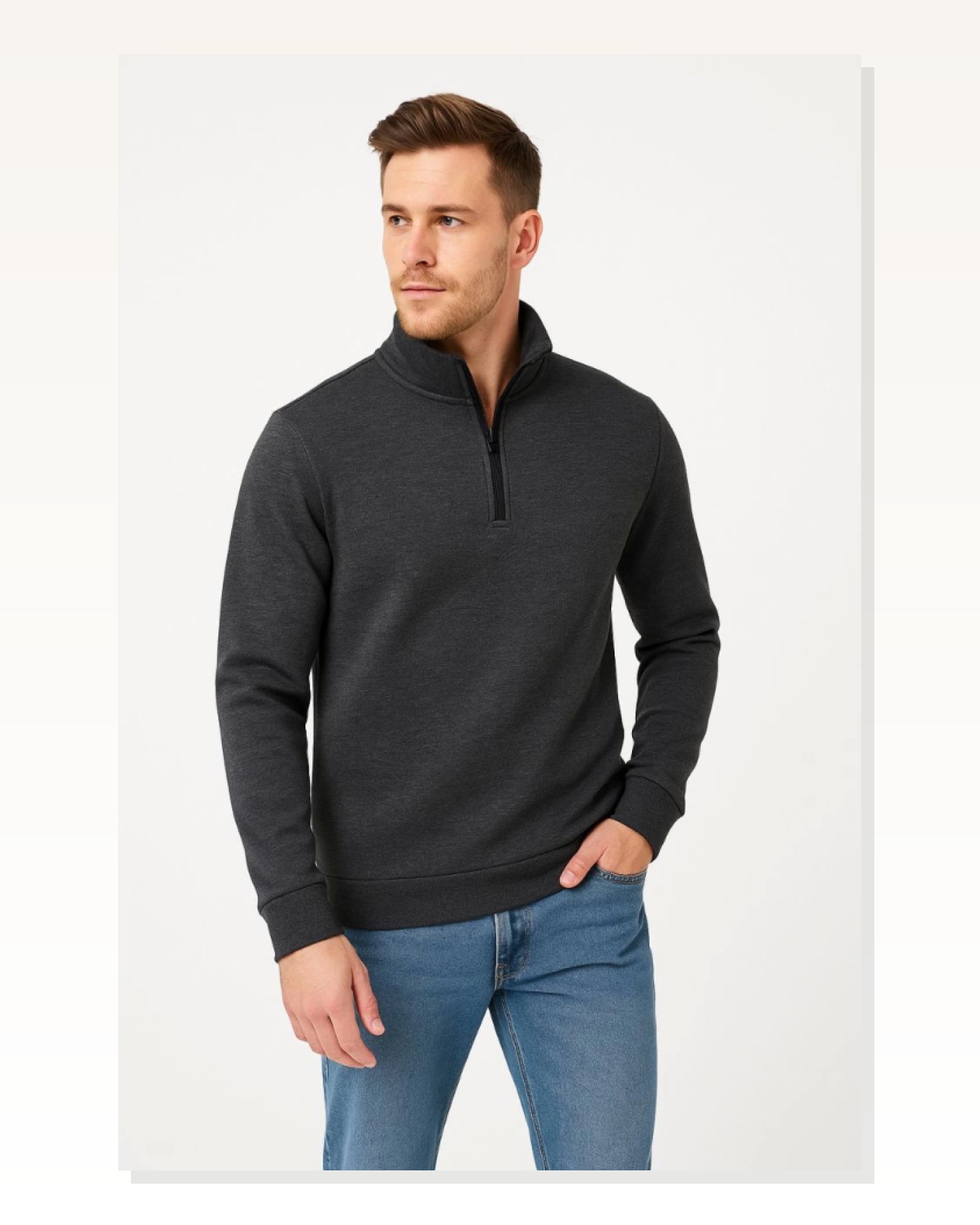 Şardonlu Erkek Sıcak Tutan Antrasit Dik Yaka Dik Yaka Yarım Fermuarlı 3 İplik Pamuk Kumaş Sweatshirt Marketplace blank
