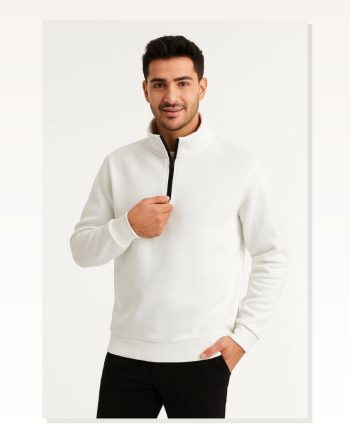 Erkek Şardonlu Sıcak Tutan Beyaz Dik Yaka Yarım Fermuarlı 3 İplik Pamuk Kumaş Sweatshirt