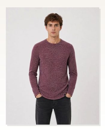 Erkek Dokulu Çizgili Uzun Kollu Tişört Oval Kesim Bordo