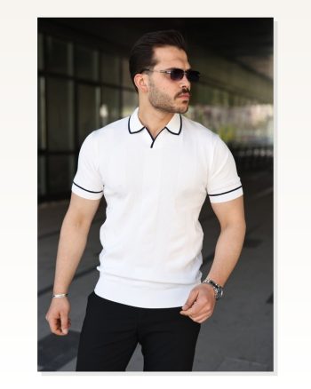 Erkek Dokulu Desen Yakalı Kısa Kollu Tişört