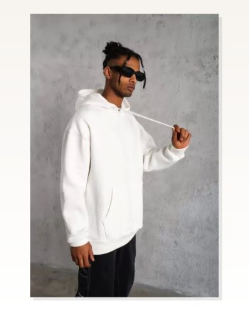 Erkek Basic Dokulu Günlük Stil Beyaz Kapüşonlu Sweatshirt