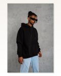 Erkek Basic Dokulu Günlük Stil Siyah Kapüşonlu Sweatshirt