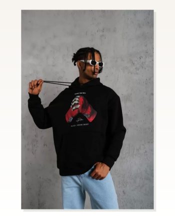 Erkek Grafik Baskılı Günlük Stil Siyah Eldiven Figürlü Kapüşonlu Sweatshirt