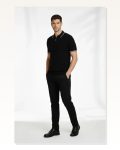 Erkek Günlük Stil Siyah Fermuarlı Yaka Fitilli Triko Kısa Kollu Tişört Regular Fit