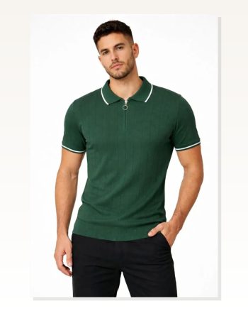 Erkek Günlük Stil Yeşil Fermuarlı Yaka Fitilli Triko Kısa Kollu Tişört Regular Fit
