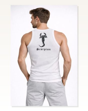 Erkek Arka Baskılı Fit Duruş Beyaz Fitilli Atlet Sıfır Yaka Slim Spor