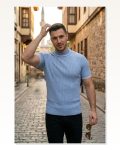 Erkek Fitilli Triko Dokuma Kısa Kol Tişört Yarım Boğaz Modern Yazlık T-shirt Bebe Mavisi