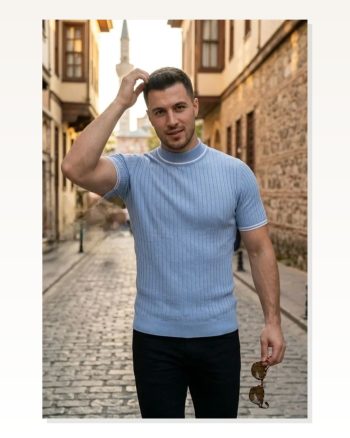Erkek Fitilli Triko Dokuma Kısa Kol Tişört Yarım Boğaz Modern Yazlık T-shirt Bebe Mavisi