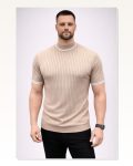 Erkek Günlük Stil Bej Fitilli Triko Dokuma Kısa Kol Yarım Boğaz Modern Yazlık Tişört