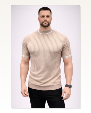 Erkek Günlük Stil Bej Fitilli Triko Dokuma Kısa Kol Yarım Boğaz Modern Yazlık Tişört