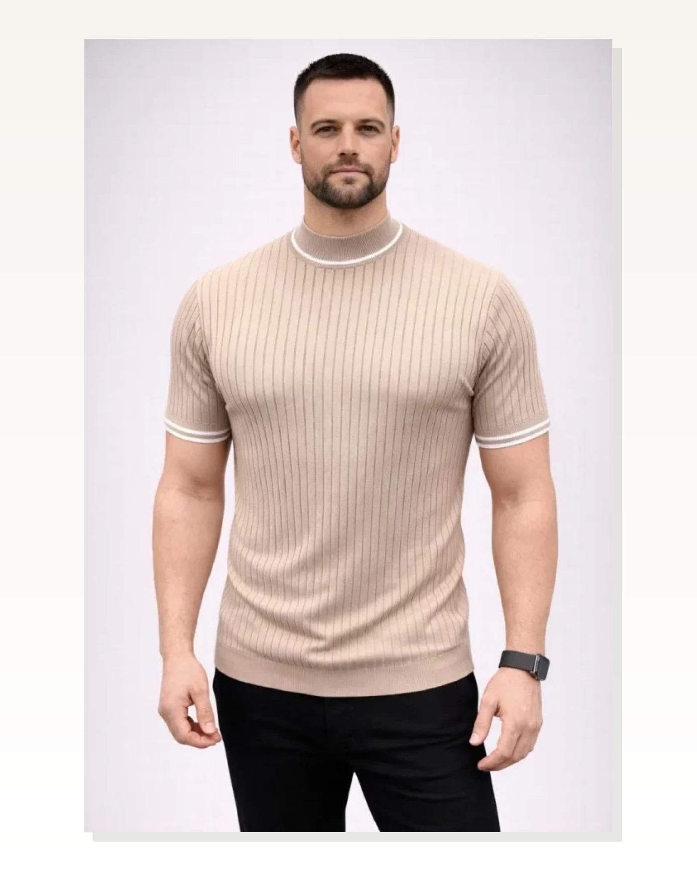 Erkek Günlük Stil Bej Fitilli Triko Dokuma Kısa Kol Yarım Boğaz Modern Yazlık Tişört Marketplace blank