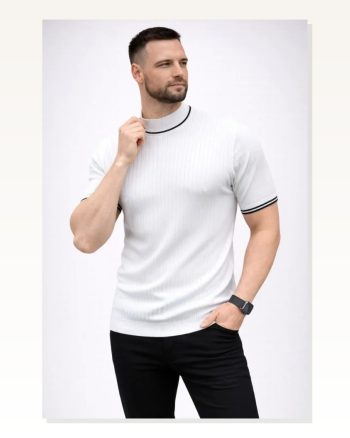 Erkek Günlük Stil Beyaz Fitilli Triko Dokuma Kısa Kol Yarım Boğaz Modern Yazlık Tişört