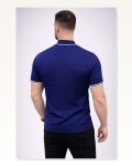 Erkek Günlük Stil Lacivert Fitilli Triko Dokuma Kısa Kol Yarım Boğaz Modern Yazlık Tişört