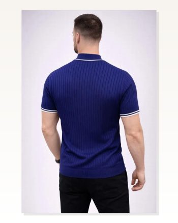 Erkek Günlük Stil Lacivert Fitilli Triko Dokuma Kısa Kol Yarım Boğaz Modern Yazlık Tişört