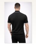 Erkek Günlük Stil Siyah Fitilli Triko Dokuma Kısa Kol Yarım Boğaz Modern Yazlık Tişört
