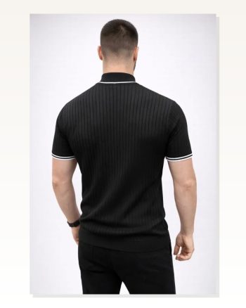 Erkek Günlük Stil Siyah Fitilli Triko Dokuma Kısa Kol Yarım Boğaz Modern Yazlık Tişört