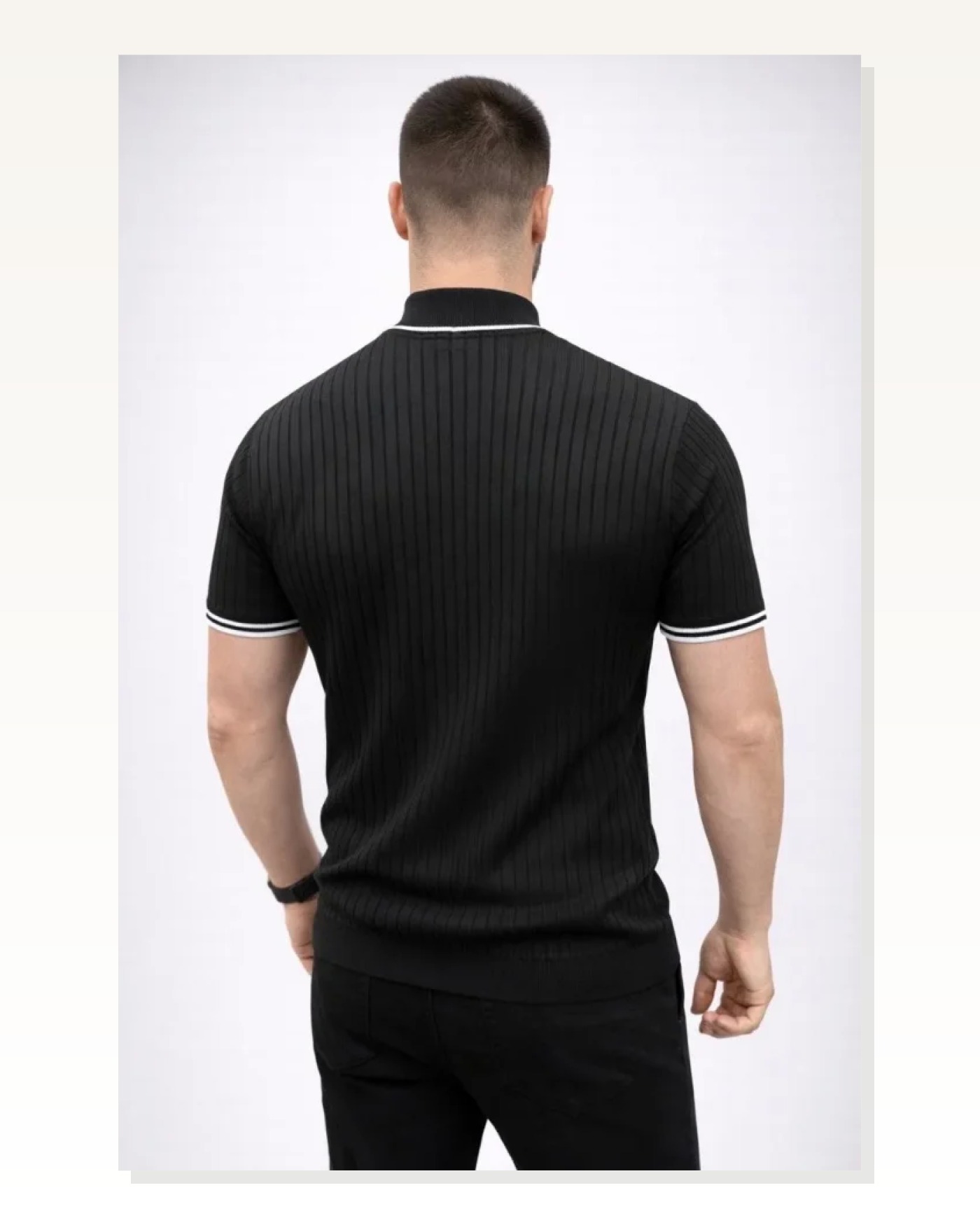 Erkek Günlük Stil Siyah Fitilli Triko Dokuma Kısa Kol Yarım Boğaz Modern Yazlık Tişört Marketplace blank
