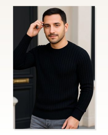 Erkek Fitilli Triko Kazak 2’LI Set Siyah Beyaz, Kalın Dokuma Pamuklu Regular Fit Bisiklet Yaka Uzun Kollu