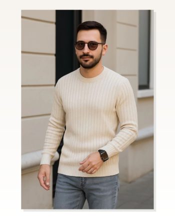 Erkek Fitilli Triko Kazak 3’Lü Set Bej, Bebek Mavisi, Siyahkalın Dokuma Pamuklu Regular Fit Bisiklet Yaka