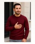 Erkek Fitilli Triko Kazak 3Lü Set Beyaz Bordo Siyah Regular Fit Bisiklet Yaka Seti