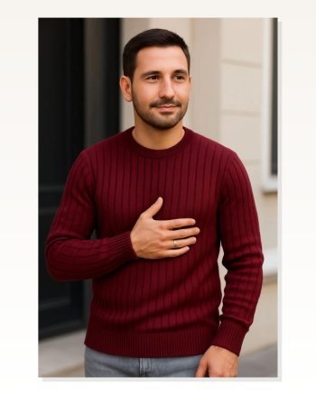 Erkek Fitilli Triko Kazak 3Lü Set Beyaz Bordo Siyah Regular Fit Bisiklet Yaka Seti