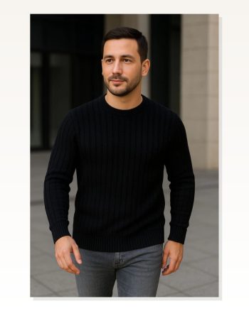 Erkek Fitilli Triko Kazak 4’Lü Set Beyaz, Haki, Bej, Siyahkalın Dokuma Pamuklu Regular Fit Bisiklet Yaka Uzun