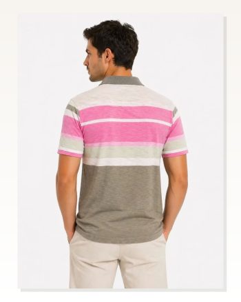 Erkek Flamlı Penye Çizgili Polo Yaka Tişört Kısa Kol Yazlık T-shirt Gri