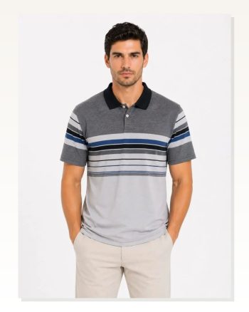 Erkek Flamlı Penye Çizgili Polo Yaka Tişört Kısa Kol Yazlık T-shirt Gri