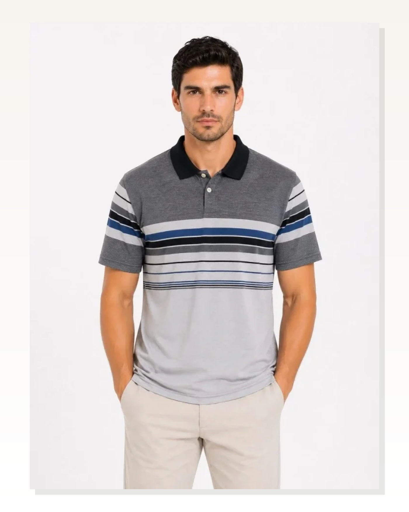 Erkek Flamlı Penye Çizgili Polo Yaka Tişört Kısa Kol Yazlık T-Shirt - Gri Marketplace blank