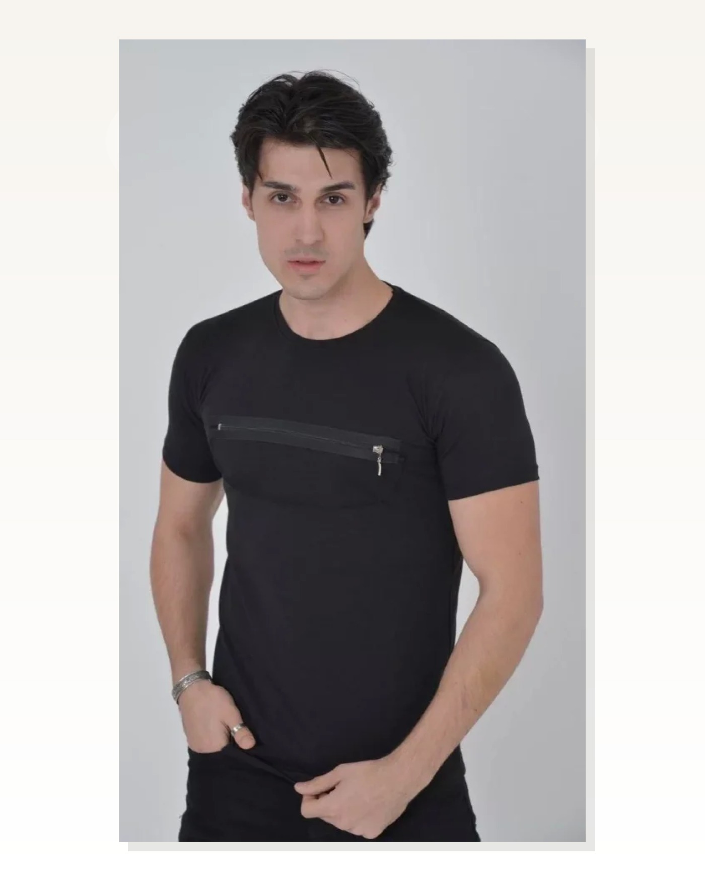 Erkek Fit Duruş Metal Fermuar Detaylı Siyah Dar Kalıp Tişört Marketplace blank