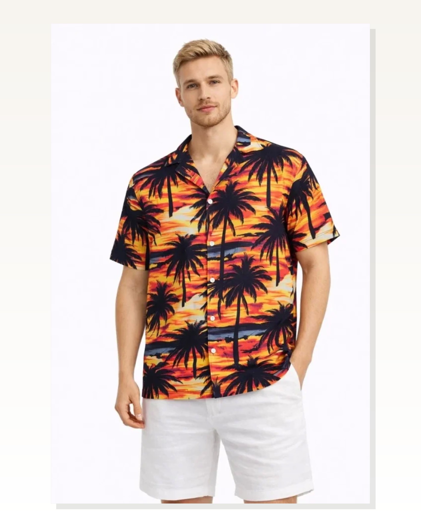 Desenli Erkek Günlük Şıklık Gün Batımı Palmiye Kısa Kol Hawaii Tarz Yazlık Rahat Kalıp Gömlek Marketplace blank