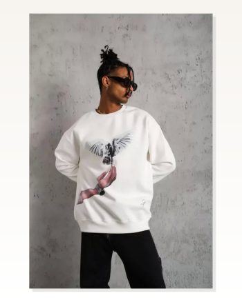 Erkek Sanatsal Baskılı Beyaz Güvercin Figürlü Sweatshirt