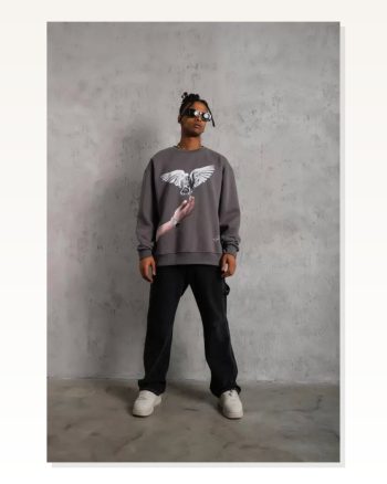 Erkek Özgür Güvercin Baskılı Gri Sweatshirt