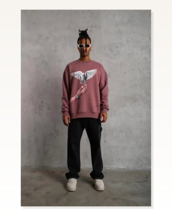 Erkek Güvercin Baskılı Sweatshirt Gül Kurusu