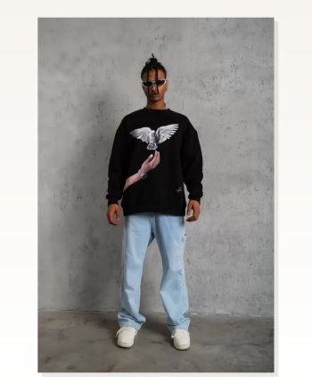 Erkek Özgür Güvercin Baskılı Siyah Sweatshirt