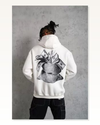 Erkek Günlük Stil Kanguru Cep Grafik Detaylı Beyaz Kapüşonlu Sweatshirt