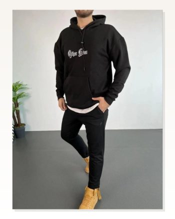 Erkek Üç İplik Şardonlu Siyah Oversize Hoodie, “other Lives” Ön Arka Baskılı, Kanguru Cepli, Kışlık Rahat