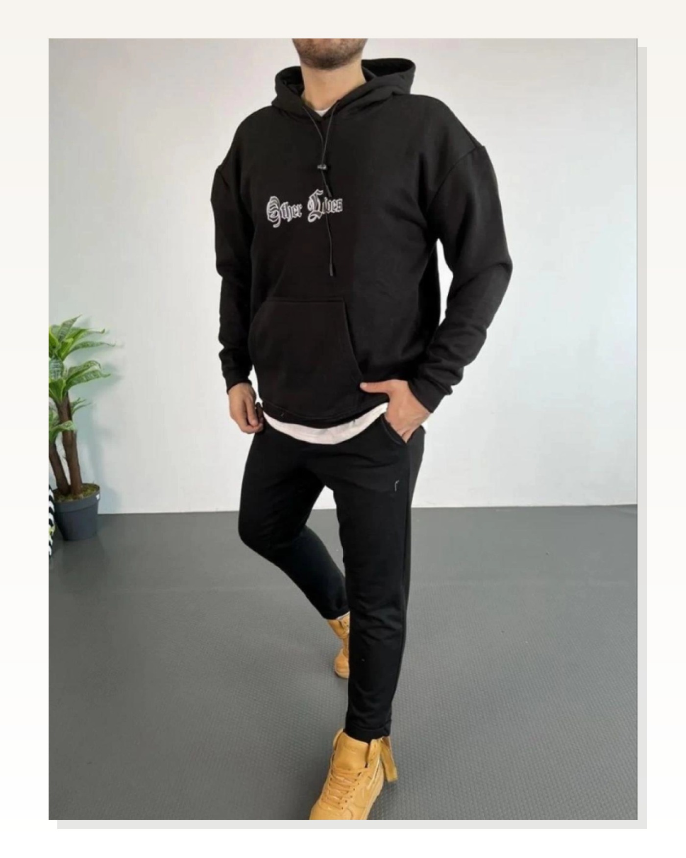 Üç İplik Şardonlu Erkek Siyah – Oversize Hoodie, “Other Lives” Ön - Arka Baskılı, Kanguru Cepli, Kışlık Rahat Günlük Stil Kapüşonlu Sweatshirt Marketplace blank