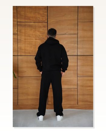 Erkek Baskılı Siyah Kapüşonlu Eşofman Örümcek Ağı ve Neon Yeşil Kanguru Cepli Oversize Rahat Kalıp, Premium