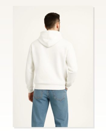 Erkek Şardonlu Beyaz Hoodie 3 İplik Pamuklu Kumaş, Önü Baskılı, Fermuarlı Rahat Kalıp, Kışlık ve Sokak Stili