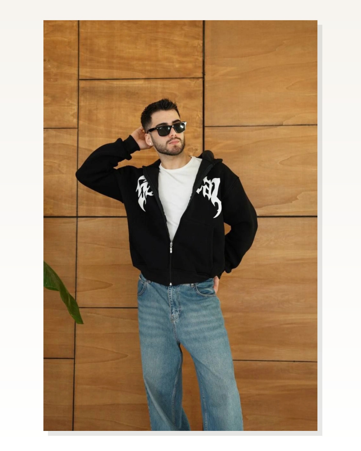 Erkek Kapüşonlu Sweatshirt Hoodie 3 İplik Şardonlu Pamuklu Kumaş, Önü Baskılı, Fermuarlı Rahat Kalıp, Kışlık Ve Sokak Stili Sweat - Siyah Marketplace blank