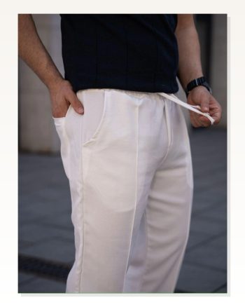 Erkek Keten Cepli Çıma Dikişli Jogger Buggy Pantalon Rahat Kalıp Beyaz