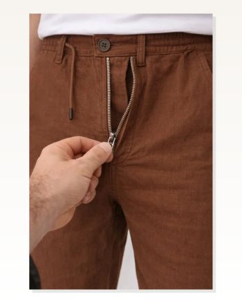 Erkek Keten Cepli Pantolon Lastikli Bel Bağcıklı Önden Fermuarlı Kahverengi