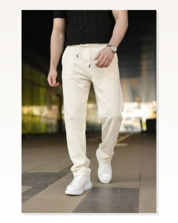 Erkek Keten Cepli Pantolon Lastikli Bel Bağcıklı Önden Fermuarlı Krem