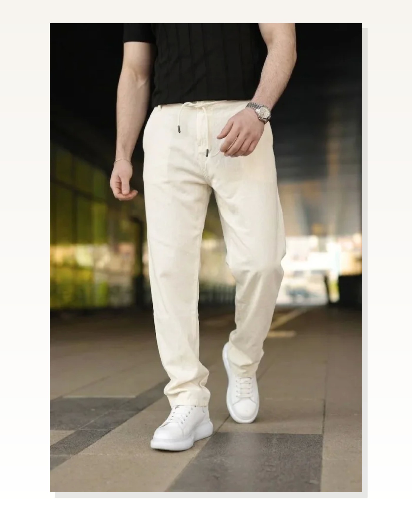 Erkek Keten Cepli Pantolon Lastikli Bel Bağcıklı Önden Fermuarlı - Krem Marketplace blank