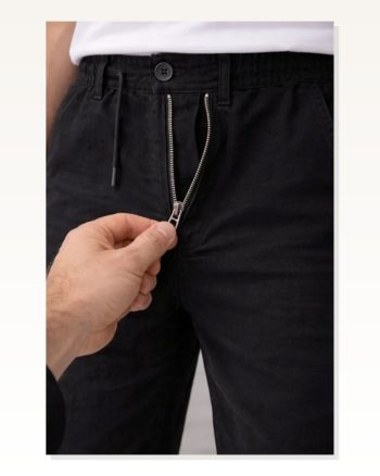 Erkek Keten Cepli Pantolon Lastikli Bel Bağcıklı Önden Fermuarlı Siyah