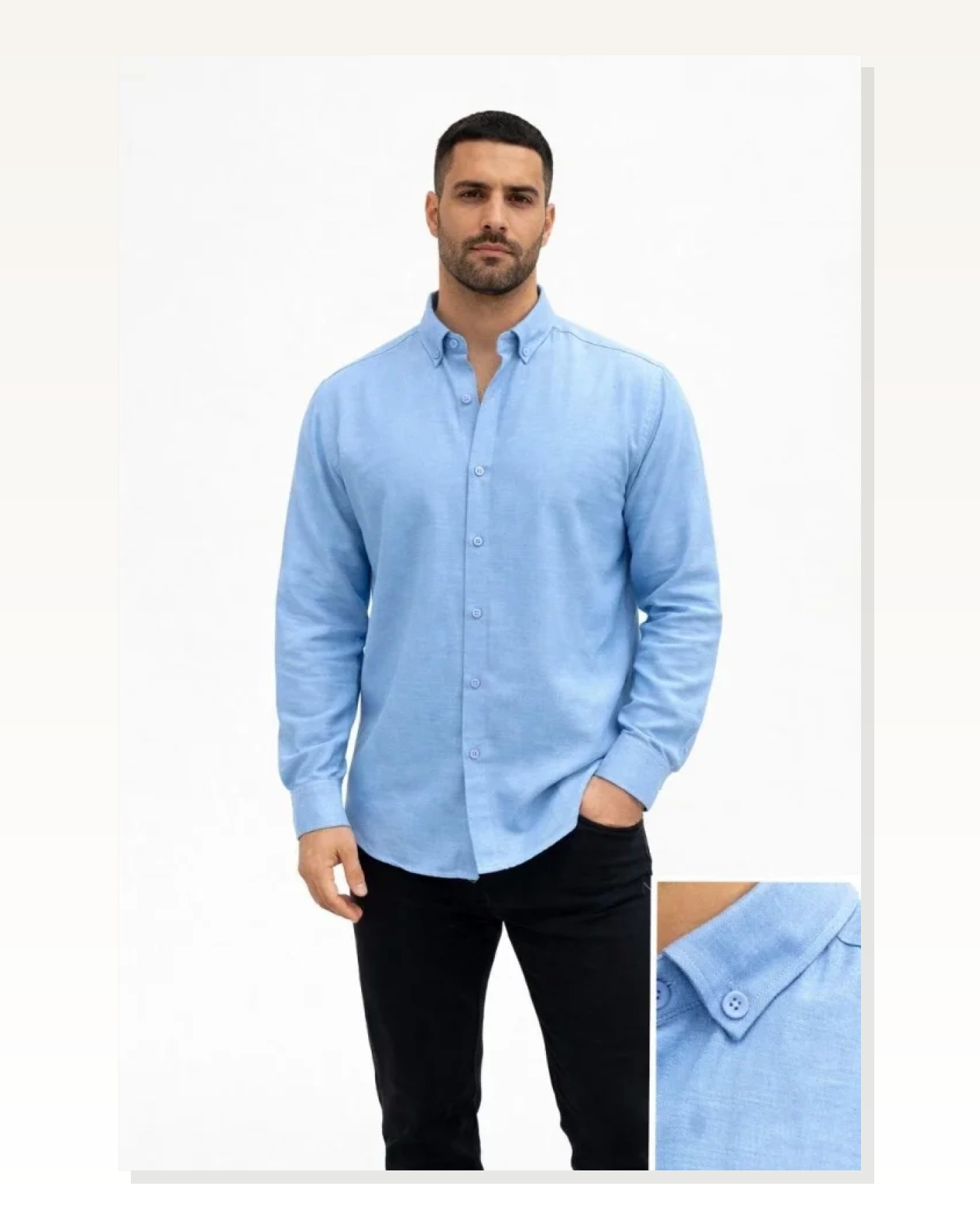 Erkek KETEN Kumaş Oversize Uzun Kollu Rahat Kalıp Gömlek - Açık Mavi Marketplace blank