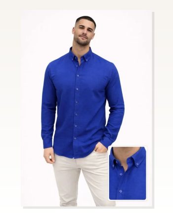 Erkek KETEN Kumaş Oversize Uzun Kollu Rahat Kalıp Gömlek Saks Mavisi