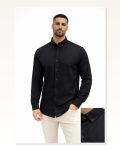 Erkek KETEN Kumaş Oversize Uzun Kollu Rahat Kalıp Gömlek Siyah